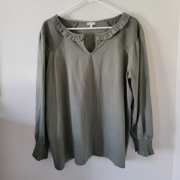 Talbots Olive Green Ruffled Blouse - Picture 2 of 9